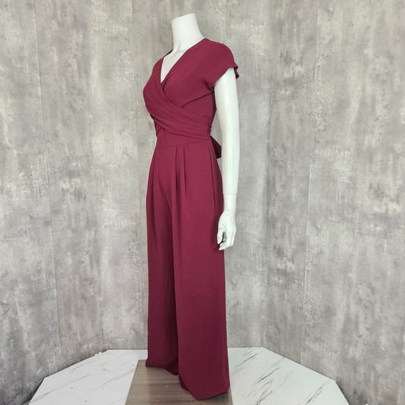 Gal Meets Glam Burgundy Wrap VNeck Jumpsuit Tie Back Wide Leg Size 2 Elegant - Picture 5 of 10